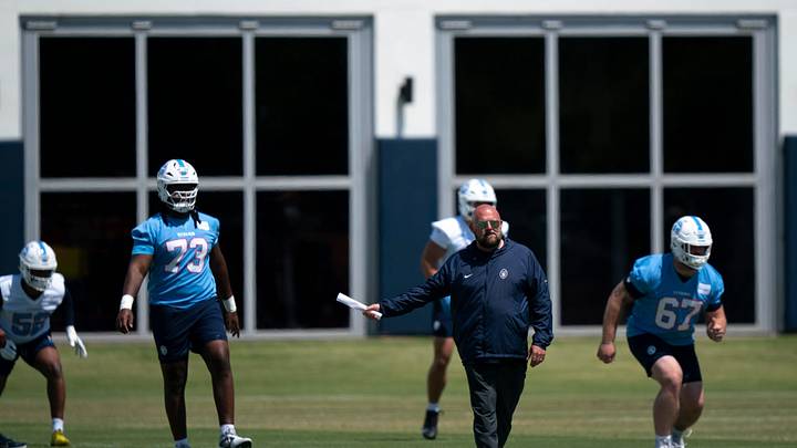 Tennessee Titans offensive coordinator Brian Daboll takes the field during stretching drills during the Titans Rookie Camp Day 2 at Vanderbilt Health Football Center in Nashville, Tenn., Saturday, May 2, 2026.