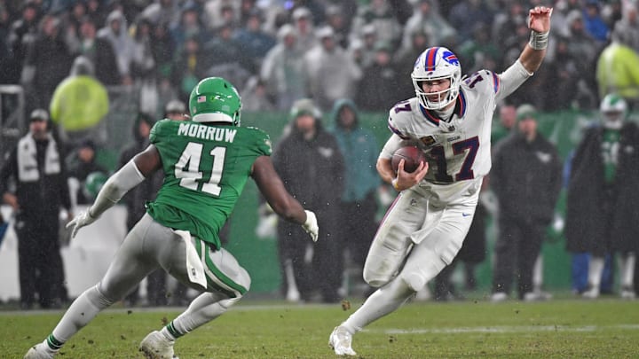 Nov 26, 2023; Philadelphia, Pennsylvania, USA; Buffalo Bills quarterback Josh Allen (17) runs with