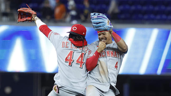 Apr 7, 2026; Miami, Florida, USA; Cincinnati Reds shortstop Elly de la Cruz (44) and right fielder Noelvi Marte (4) celebrate their win against the Miami Marlins following the game at loanDepot Park. Mandatory Credit: Rhona Wise-Imagn Images Apr 7, 2026; Miami, Florida, USA; Cincinnati Reds shortstop Elly de la Cruz (44) and right fielder Noelvi Marte (4) celebrate their win against the Miami Marlins following the game at loanDepot Park. Mandatory Credit: Rhona Wise-Imagn Images