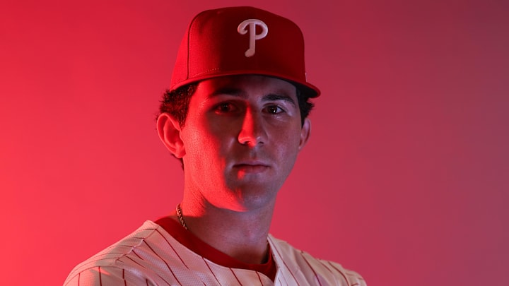 Feb 20, 2025; Clearwater, FL, USA; Philadelphia Phillies pitcher Andrew Painter (76) participates in media day at BayCare Ballpark. Mandatory Credit: Nathan Ray Seebeck-Imagn Images