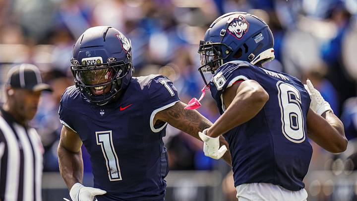 Connecticut Huskies wide receiver Skyler Bell (1) reacts after his touchdown against the Central Connecticut State Blue Devils.