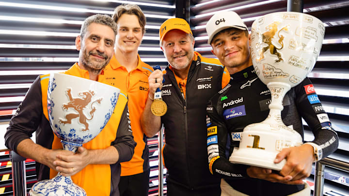 Andrea Stella, Oscar Piastri, Zak Brown, and Lando Norris