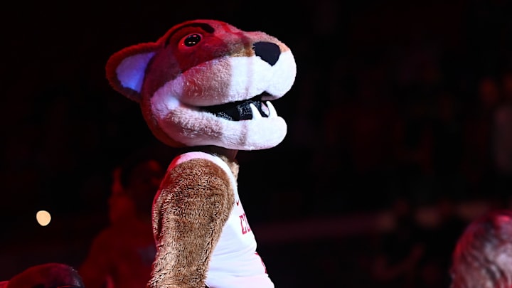 Feb 16, 2023; Pullman, Washington, USA; Washington State Cougars mascot Butch performs before a men   s basketball game against the Oregon State Beavers at Friel Court at Beasley Coliseum. Mandatory Credit: James Snook-Imagn Images