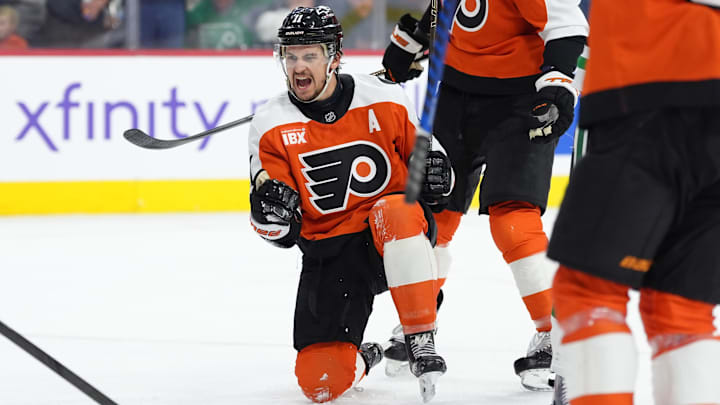 Mar 29, 2026; Philadelphia, Pennsylvania, USA; Philadelphia Flyers right wing Travis Konecny (11) reacts after scoring a goal against the Dallas Stars in the second period at Xfinity Mobile Arena.
