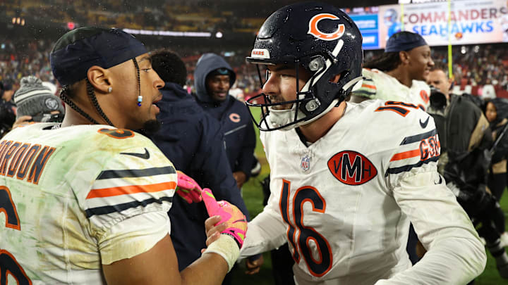 Bears cornerback Kyler Gordon congratulates backup kicker Jake Moody for delivering four field goals, including the winning 38-yarder Monday night.