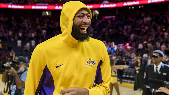 Los Angeles Lakers center Anthony Davis (3) laughs as he exits the court after a game against the Golden State Warriors at Chase Center. Los Angeles Lakers center Anthony Davis (3) laughs as he exits the court after a game against the Golden State Warriors at Chase Center.