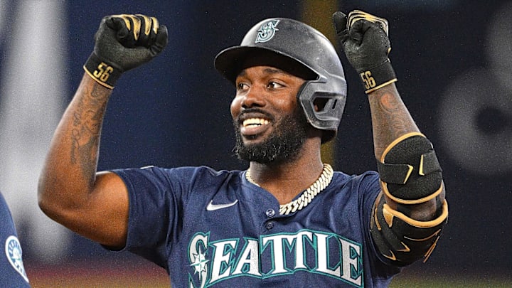 Seattle Mariners left fielder Randy Arozarena celebrates after hitting a two-run single against the Toronto Blue Jays on April 20 at Rogers Centre.