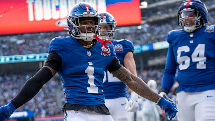 New York Giants wide receiver Malik Nabers (1) celebrates with his teammates after scoring a touchdown during a game between New York Giants and Indianapolis Colts at MetLife Stadium on Sunday, Dec. 29, 2024.