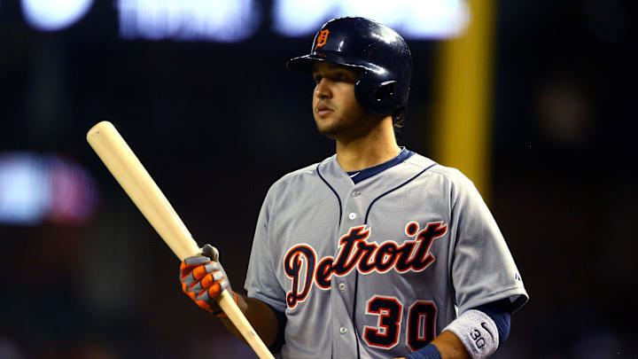 Jul 22, 2014; Phoenix, AZ, USA; Detroit Tigers shortstop Eugenio Suarez against the Arizona Diamondbacks at Chase Field. Mandatory Credit: Mark J. Rebilas-Imagn Images