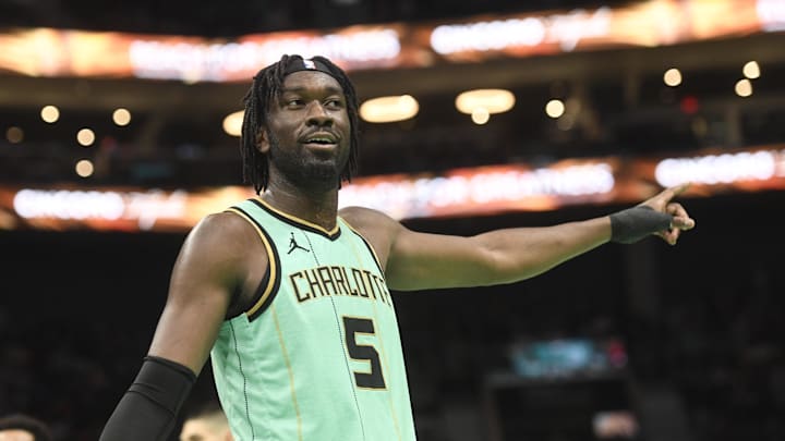 Dec 30, 2024; Charlotte, North Carolina, USA;  Charlotte Hornets center Mark Williams (5) reacts to a foul call during the second half against the Chicago Bulls at the Spectrum Center. Mandatory Credit: Sam Sharpe-Imagn Images