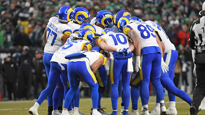 Jan 19, 2025; Philadelphia, Pennsylvania, USA; Los Angeles Rams in the huddle against the Philadelphia Eagles in a 2025 NFC divisional round game at Lincoln Financial Field. Mandatory Credit: Eric Hartline-Imagn Images