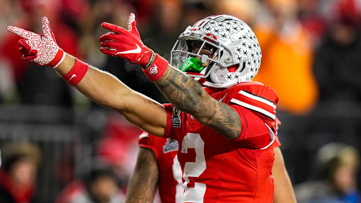 Ohio State Buckeyes wide receiver Emeka Egbuka (2) celebrates in the first half at Ohio Stadium on Saturday, Dec. 21, 2024 in Columbus, Ohio.