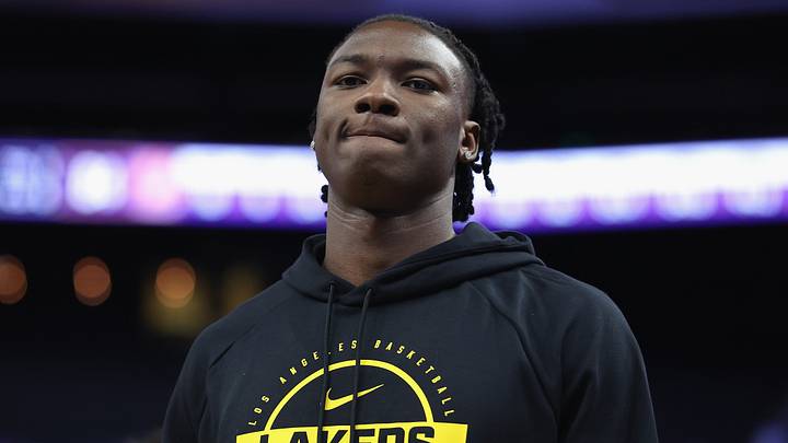 Adou Thiero #1 of the Los Angeles Lakers looks on during the game against the San Antonio Spurs. (Photo by Lachlan Cunningham/Getty Images)