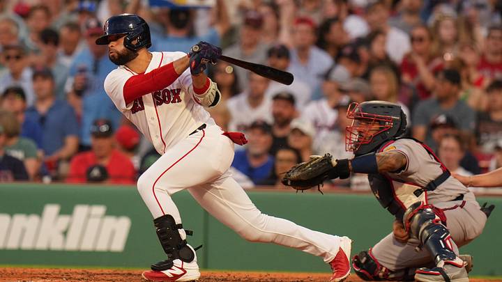 May 27, 2026; Boston, Massachusetts, USA; Boston Red Sox third baseman Isiah Kiner-Falefa (2) singled to left field to drive in a run against the Atlanta Braves in the fourth inning at Fenway Park. Mandatory Credit: David Butler II-Imagn Images