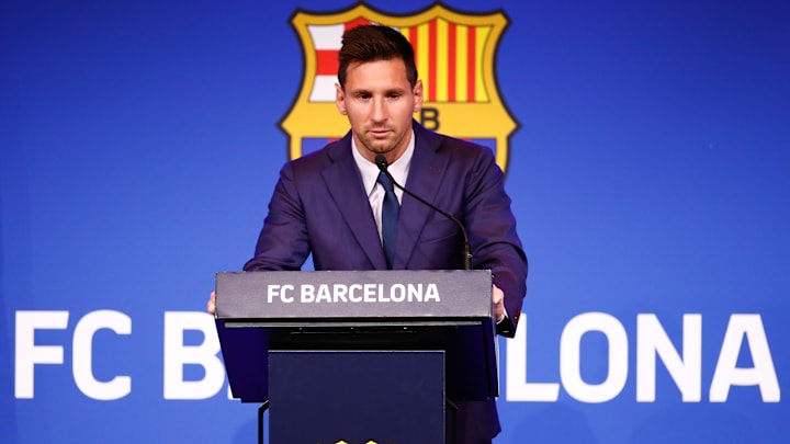 Lionel Messi lors de son départ de son club de toujours, le FC Barcelone