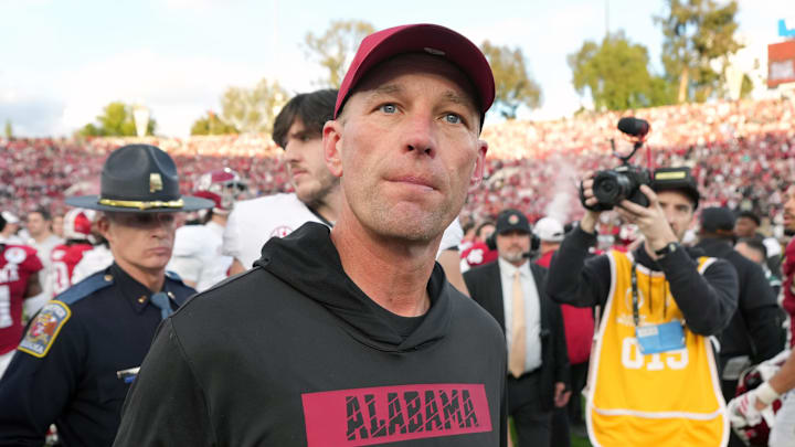 Jan 1, 2026; Pasadena, CA, USA; Alabama Crimson Tide head coach Kalen Deboer leaves the field after the 2026 Rose Bowl and quarterfinal game of the College Football Playoff against the Indiana Hoosiers at Rose Bowl Stadium. Mandatory Credit: Kirby Lee-Imagn Images