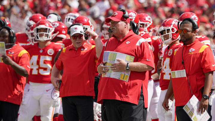 Aug 20, 2022; Kansas City, Missouri, USA; Kansas City Chiefs head coach Andy Reid watches play on the sidelines against the Washington Commanders during the first half at GEHA Field at Arrowhead Stadium. Mandatory Credit: Denny Medley-Imagn Images
