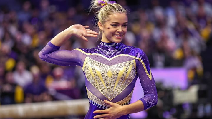 LSU’s Livvy Dunne competes on the floor during NCAA, College League, USA Gymnastics action between the Florida Gators and the LSU Tigers. LSU’s Livvy Dunne competes on the floor during NCAA, College League, USA Gymnastics action between the Florida Gators and the LSU Tigers.