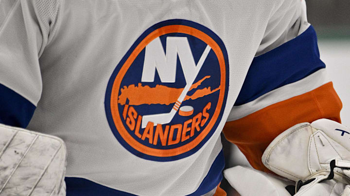 Oct 12, 2024; Dallas, Texas, USA; A view of the logo on the jersey of New York Islanders goaltender Semyon Varlamov (40) during the game between the Dallas Stars and the New York Islanders at the American Airlines Center. Mandatory Credit: Jerome Miron-Imagn Images