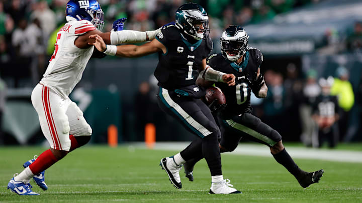 Jalen Hurts #1, D'Andre Swift #0, Philadelphia Eagles