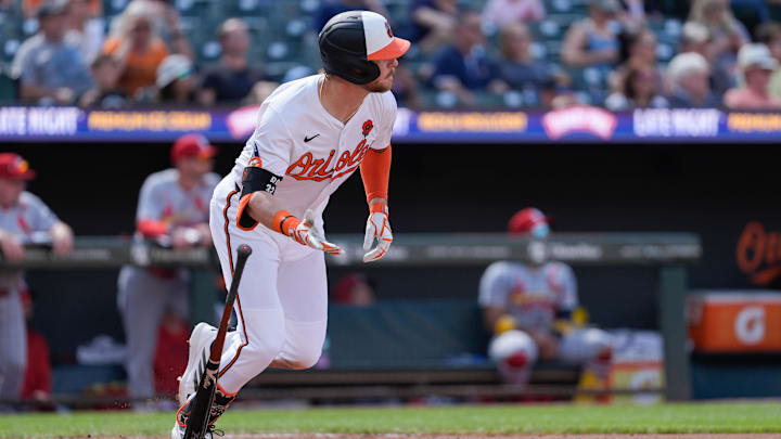Baltimore Orioles right fielder hits a single during a game against the St. Louis Cardinals on May 26 at Camden Yards.