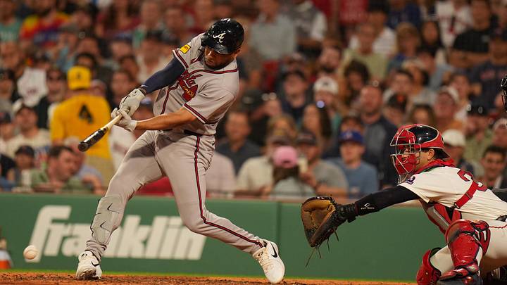 May 26, 2026; Boston, Massachusetts, USA; Atlanta Braves pinch hitter Dominic Smith (8) grounds out to first to drive in a run against the Boston Red Sox in the sixth inning at Fenway Park. Mandatory Credit: David Butler II-Imagn Images May 26, 2026; Boston, Massachusetts, USA; Atlanta Braves pinch hitter Dominic Smith (8) grounds out to first to drive in a run against the Boston Red Sox in the sixth inning at Fenway Park. Mandatory Credit: David Butler II-Imagn Images