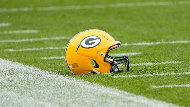 Oct 13, 2024; Green Bay, Wisconsin, USA; General view of an Green Bay Packers helmet prior to the game against the Arizona Cardinals at Lambeau Field. Mandatory Credit: Jeff Hanisch-Imagn Images Oct 13, 2024; Green Bay, Wisconsin, USA; General view of an Green Bay Packers helmet prior to the game against the Arizona Cardinals at Lambeau Field. Mandatory Credit: Jeff Hanisch-Imagn Images