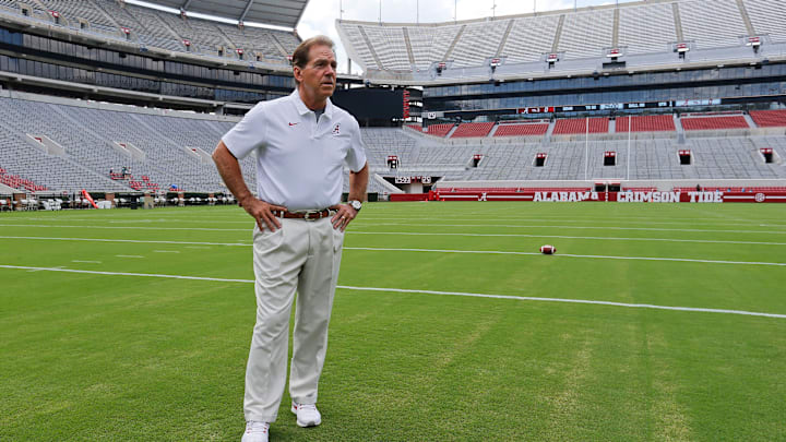 Coach Nick Saban stands on the turf inside Bryant-Denny Stadium during media day Saturday, August 3, 2019 in Bryant-Denny Stadium. [Staff Photo/Gary Cosby Jr.]