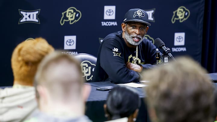 Apr 4, 2025; Boulder, CO, USA; Colorado Buffaloes head coach Deion Sanders speaks to the media at the University of Colorado NFL Showcase at the CU Indoor Practice Facility. Mandatory Credit: Michael Ciaglo-Imagn Images