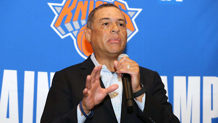 Sep 30, 2019; New York, NY, USA; New York Knicks general manager Scott Perry speaks to the media during media day at the MSG training center in Greenburgh, NY. Mandatory Credit: Brad Penner-Imagn Images Sep 30, 2019; New York, NY, USA; New York Knicks general manager Scott Perry speaks to the media during media day at the MSG training center in Greenburgh, NY. Mandatory Credit: Brad Penner-Imagn Images