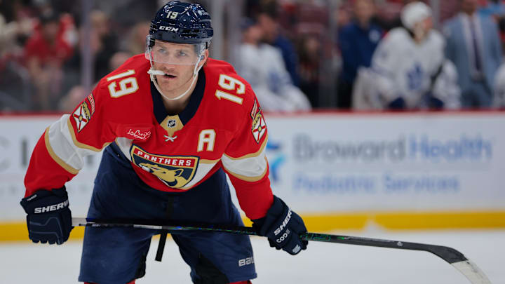 Nov 27, 2024; Sunrise, Florida, USA; Florida Panthers left wing Matthew Tkachuk (19) looks on against the Toronto Maple Leafs during the first period at Amerant Bank Arena. Mandatory Credit: Sam Navarro-Imagn Images
