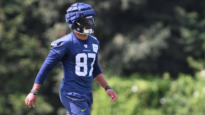 Jul 30, 2023; Renton, WA, USA; Seattle Seahawks tight end Noah Fant (87) during training camp at Virginia Mason Athletic Center. Mandatory Credit: Steven Bisig-USA TODAY Sports