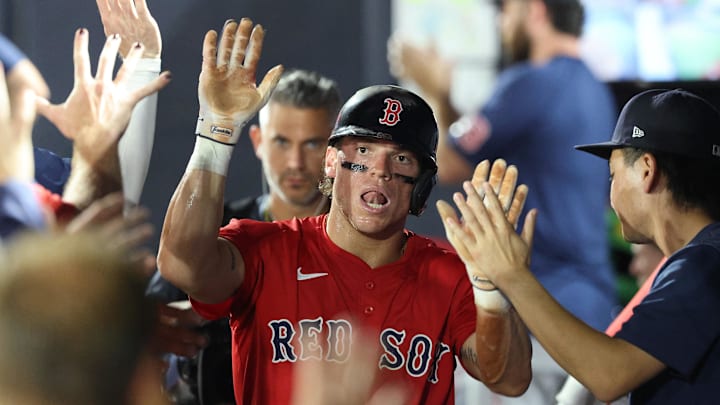 Sep 19, 2025; Tampa, Florida, USA;  Boston Red Sox outfielder Nate Eaton (40) celebrates after scoring a run during the eighth inning against the Tampa Bay Rays at George M. Steinbrenner Field. Mandatory Credit: Kim Klement Neitzel-Imagn Images