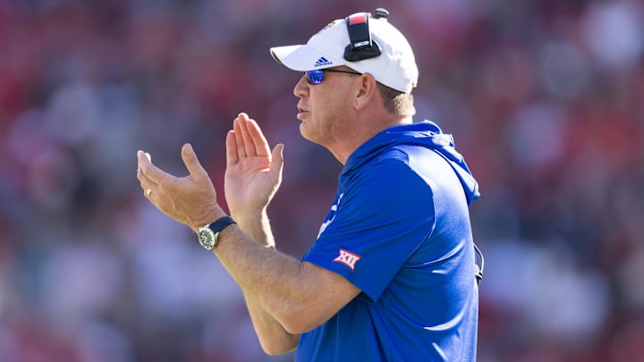 Nov 8, 2025; Tucson, Arizona, USA; Kansas Jayhawks head coach Lance Leipold against the Arizona Wildcats at Arizona Stadium. Mandatory Credit: Mark J. Rebilas-Imagn Images