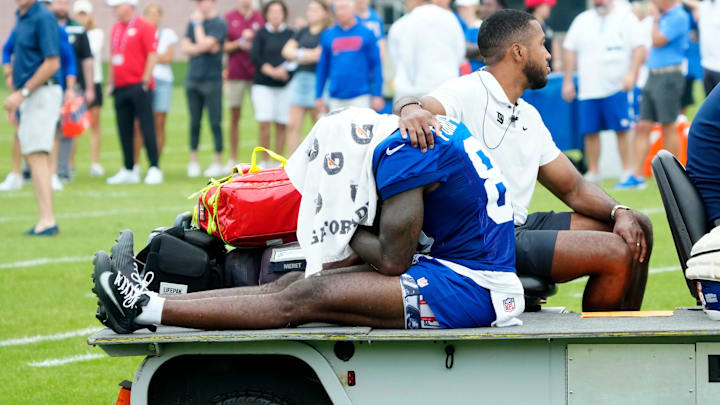 New York Giants wide receiver Bryce Ford-Wheaton (88) is comforted after getting injured, as he is carted off the field, Sunday, July 27, 2025. New York Giants wide receiver Bryce Ford-Wheaton (88) is comforted after getting injured, as he is carted off the field, Sunday, July 27, 2025.