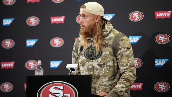 Jul 23, 2025; Santa Clara, CA, USA; San Francisco 49ers tight end George Kittle answers questions from reporters following the first day of training camp at SAP Performance Facility. Mandatory Credit: D. Ross Cameron-Imagn Images
