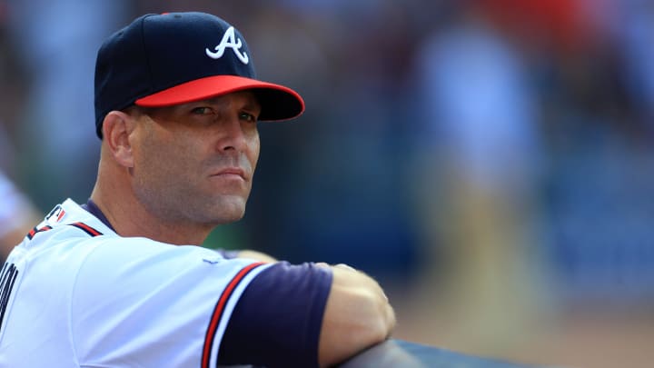 Oct 4, 2013; Atlanta, GA, USA; Atlanta Braves injured pitcher Tim Hudson in the dugout during game two of the National League divisional series playoff baseball game against the Los Angeles Dodgers at Turner Field. Mandatory Credit: Daniel Shirey-USA TODAY Sports Oct 4, 2013; Atlanta, GA, USA; Atlanta Braves injured pitcher Tim Hudson in the dugout during game two of the National League divisional series playoff baseball game against the Los Angeles Dodgers at Turner Field. Mandatory Credit: Daniel Shirey-USA TODAY Sports