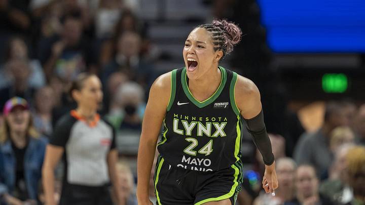 Sep 14, 2025; Minneapolis, Minnesota, USA; Minnesota Lynx forward Napheesa Collier (24) celebrates making a shot against the Golden State Valkyries in the second half during game one of round one for the 2025 WNBA Playoffs at Target Center. Mandatory Credit: Jesse Johnson-Imagn Images