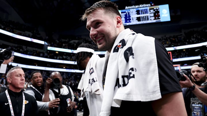 Los Angeles Lakers guard Luka Doncic (77) reacts after the game against the Dallas Mavericks at American Airlines Center.