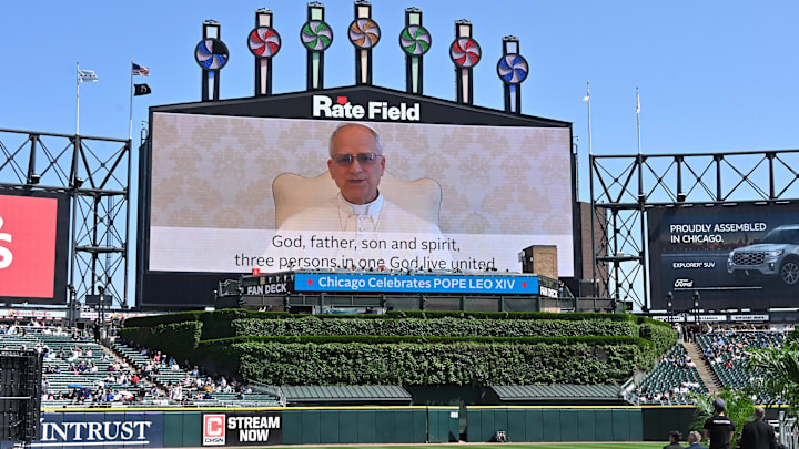 Jun 14, 2025; Chicago, Illinois, US; Pope Leo XIV delivers his video message to churchgoers prior to the Archdiocese of Chicago’s Catholic mass hosted at Rate Field, home of the Chicago White Sox. Jun 14, 2025; Chicago, Illinois, US; Pope Leo XIV delivers his video message to churchgoers prior to the Archdiocese of Chicago’s Catholic mass hosted at Rate Field, home of the Chicago White Sox.