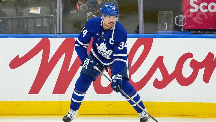 Oct 3, 2026; Toronto, Ontario, CAN;  Toronto Maple Leafs center Auston Matthews (34) skates with the puck during the warm up before a game against the Ottawa Senators at Scotiabank Arena.  