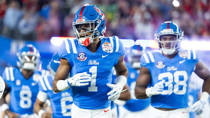 Jan 8, 2026; Glendale, AZ, USA; Mississippi Rebels wide receiver De'Zhaun Stribling (1) against the Miami Hurricanes during the 2026 Fiesta Bowl and semifinal game of the College Football Playoff at State Farm Stadium. Mandatory Credit: Mark J. Rebilas-Imagn Images