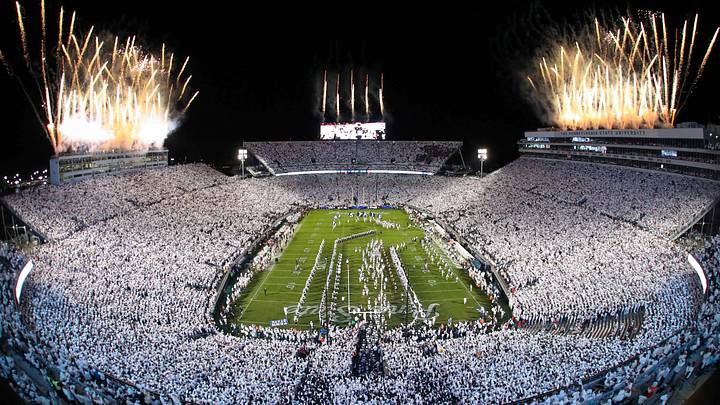 Fireworks burst over Beaver Stadium for the 2024 White Out game between the Penn State Nittany Lions and Washington Huskies. Fireworks burst over Beaver Stadium for the 2024 White Out game between the Penn State Nittany Lions and Washington Huskies.