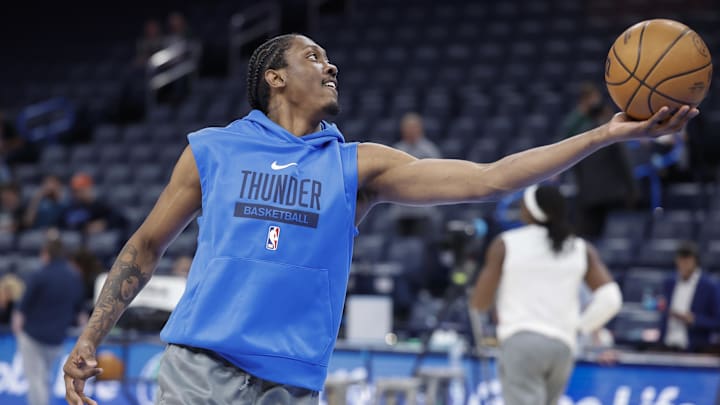 Feb 3, 2025; Oklahoma City, Oklahoma, USA; Oklahoma City Thunder forward Jalen Williams (8) warms up before the start of a game against the Milwaukee Bucks during the first quarter at Paycom Center. Mandatory Credit: Alonzo Adams-Imagn Images