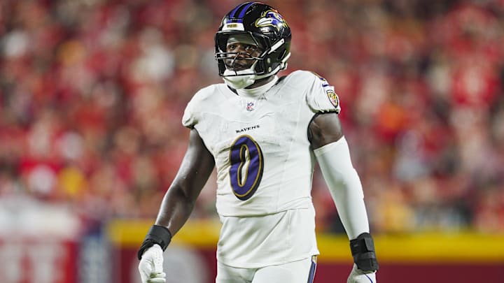 Sep 5, 2024; Kansas City, Missouri, USA; Baltimore Ravens linebacker Roquan Smith (0) during the second half against the Kansas City Chiefs at GEHA Field at Arrowhead Stadium. Sep 5, 2024; Kansas City, Missouri, USA; Baltimore Ravens linebacker Roquan Smith (0) during the second half against the Kansas City Chiefs at GEHA Field at Arrowhead Stadium.