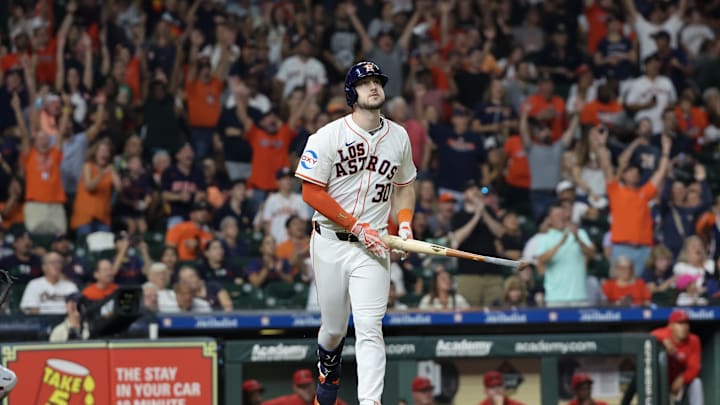Sep 21, 2024; Houston, Texas, USA; Houston Astros right fielder Kyle Tucker (30) watches his home run against the Los Angeles Angels in the seventh inning at Minute Maid Park.