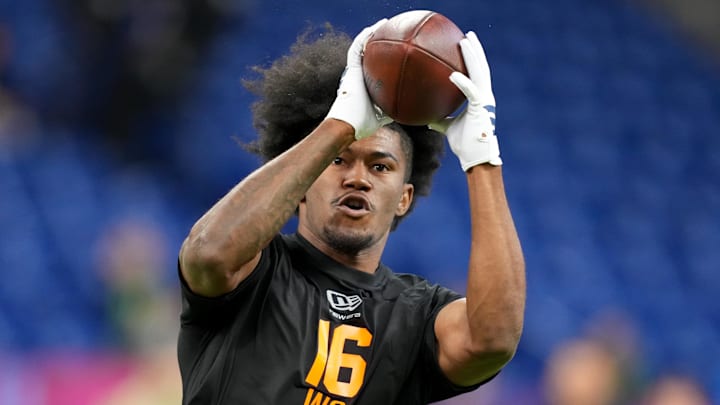 Texas A&M wideout KC Concepcion (WO16) during the NFL Scouting Combine at Lucas Oil Stadium.