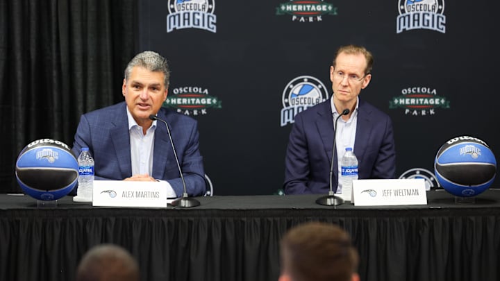 Orlando Magic CEO Alex Martins and president of basketball operations Jeff Weltman speak during a press conference for the new Orlando Magic G-League stadium at Osceola Heritage Park.