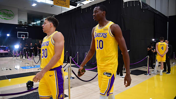 Sep 29, 2025; Los Angeles, CA, USA: Los Angeles Lakers guard Chris Manon and center Christian Koloko (10) during media day at UCLA Health Training Center. Mandatory Credit: Gary A. Vasquez-Imagn Images Sep 29, 2025; Los Angeles, CA, USA: Los Angeles Lakers guard Chris Manon and center Christian Koloko (10) during media day at UCLA Health Training Center. Mandatory Credit: Gary A. Vasquez-Imagn Images