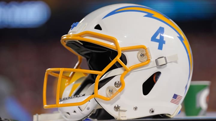 Sep 15, 2022; Kansas City, Missouri, USA; A general view of a Los Angeles Chargers helmet against the Kansas City Chiefs during the game at GEHA Field at Arrowhead Stadium. Mandatory Credit: Denny Medley-Imagn Images